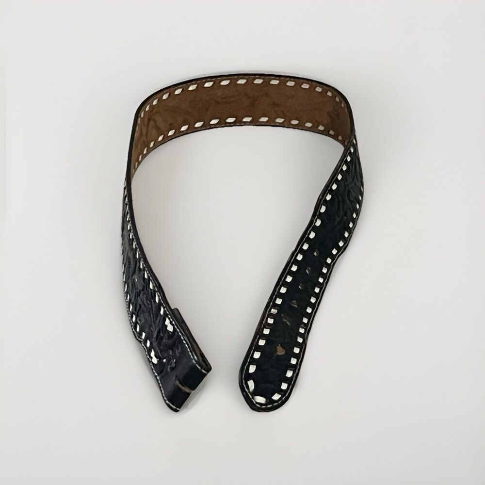 Vintage TONY LAMA Black Tooled Leather Belt 34” White Lacing Western USA